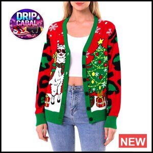 Oversized Knit Cardigan Sweater Open Front V-Neck Festive Ugly Christmas